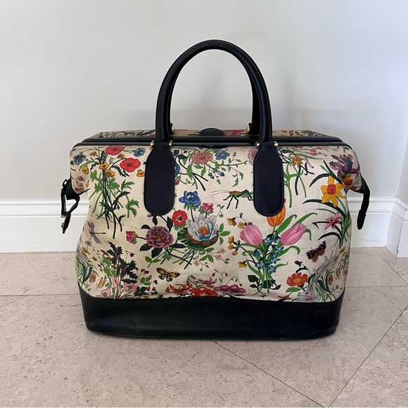 Vintage‎ Gucci Ophidia Travel Bag Case VERY LARGE Flowers & Insects Navy Trim - Picture 1 of 16